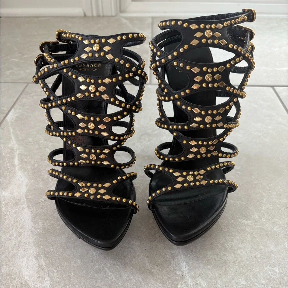 Versace Black Heels with Gold Studs - Picture 2 of 8